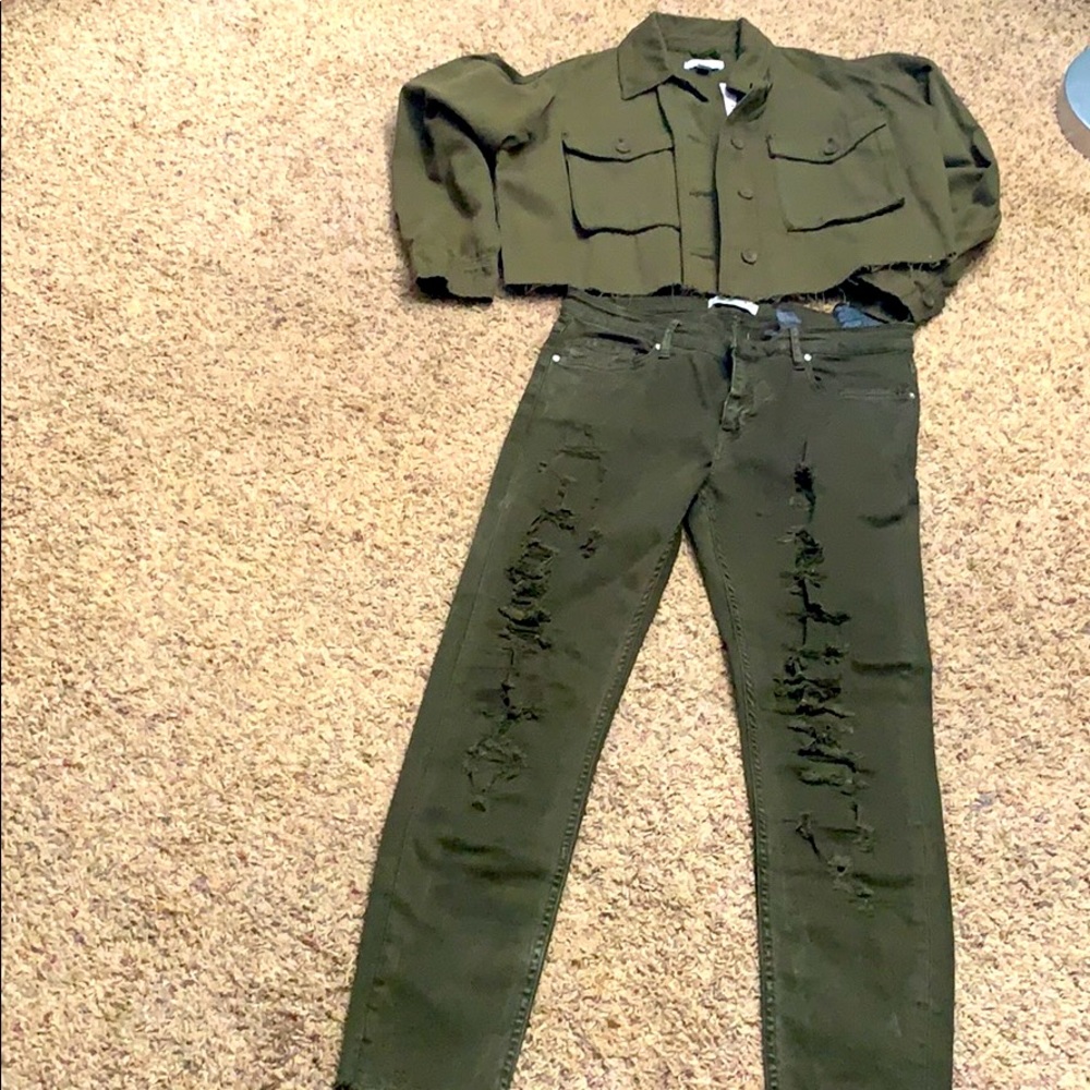 Cute Green Set crop jacket and jeans